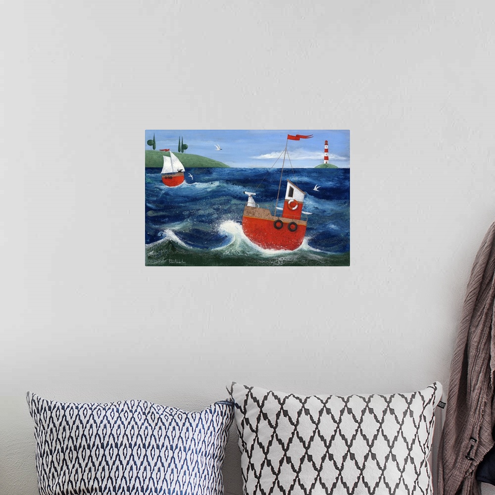 A bohemian room featuring Contemporary painting of a white dog on the front of a red boat sailing on the sea.