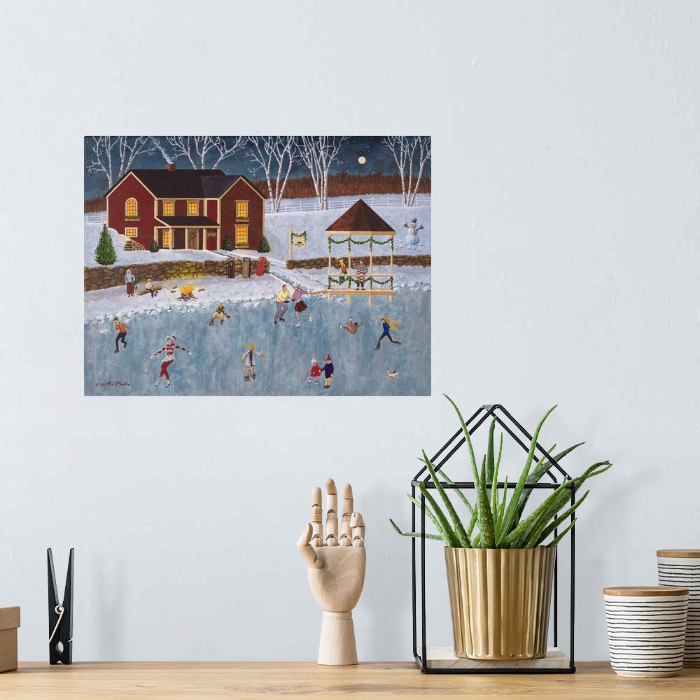 A bohemian room featuring Americana scene of ice skaters on a frozen pond on a winter evening.