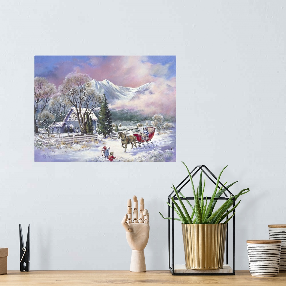 A bohemian room featuring Contemporary painting of two children waving to a horse drawn sleigh in winter.