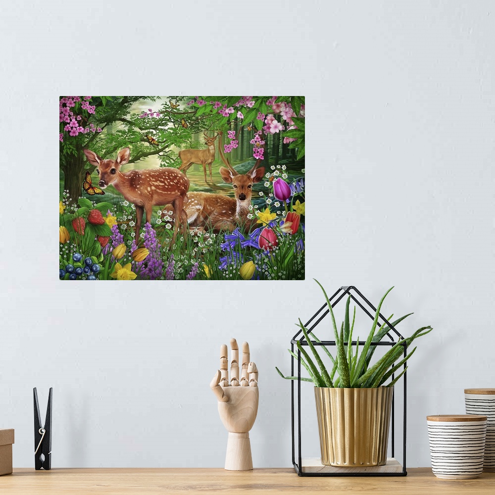A bohemian room featuring Whimsy illustration of deer and a fawn in lush green woods surrounded by wildflowers and fruit.