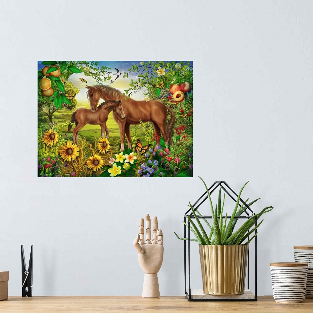 A bohemian room featuring Whimsy illustration of a horse and a pony in a field filled with wildflowers and fruit trees.