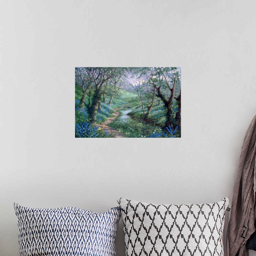A bohemian room featuring Contemporary painting of winding path through lush forest.