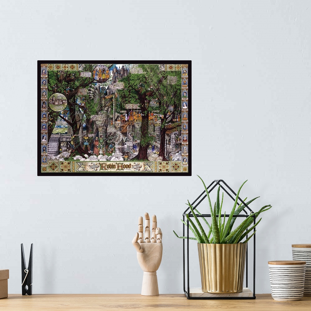A bohemian room featuring Scene in Sherwood forest and major characters from the story in the border.