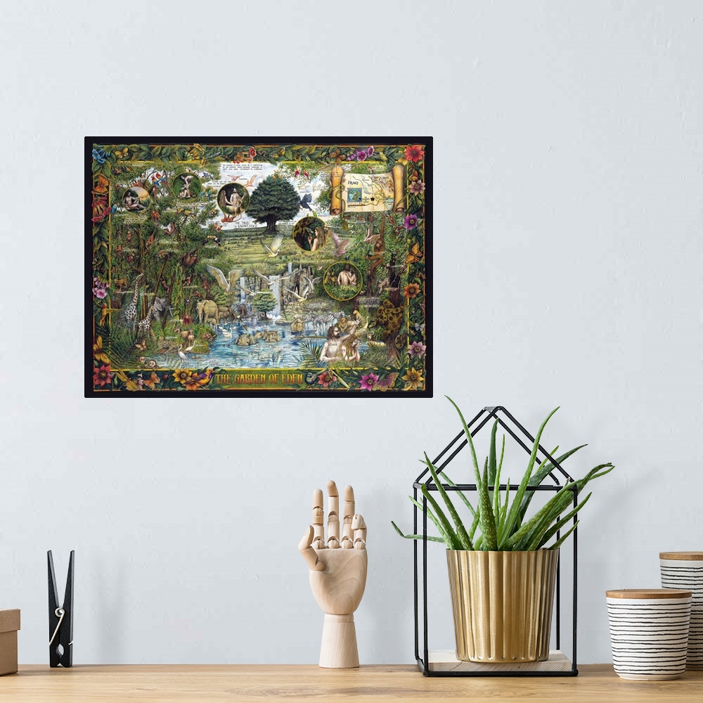 A bohemian room featuring Imaginary view of Eden with all flora and fauna and magnifications of Adam and Eve.