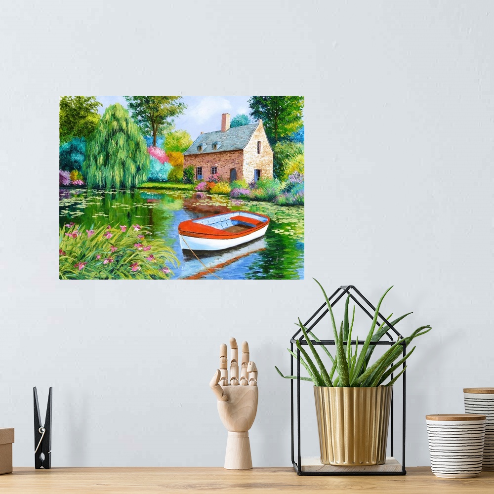 A bohemian room featuring Contemporary painting of a boat resting in a pond in front of a countryside cottage.