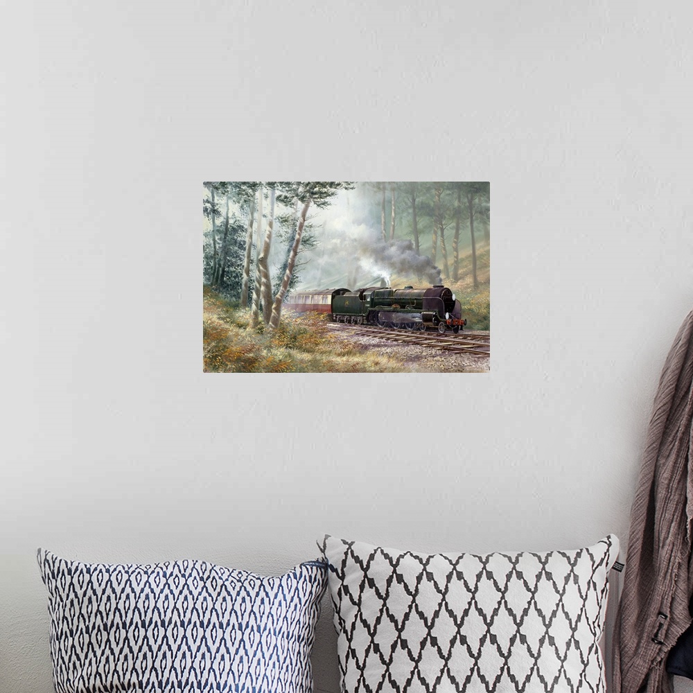 A bohemian room featuring Contemporary painting of a train traveling through a rural landscape.