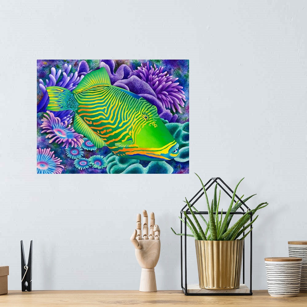 A bohemian room featuring Contemporary tropical themed artwork using bold vibrant colors.