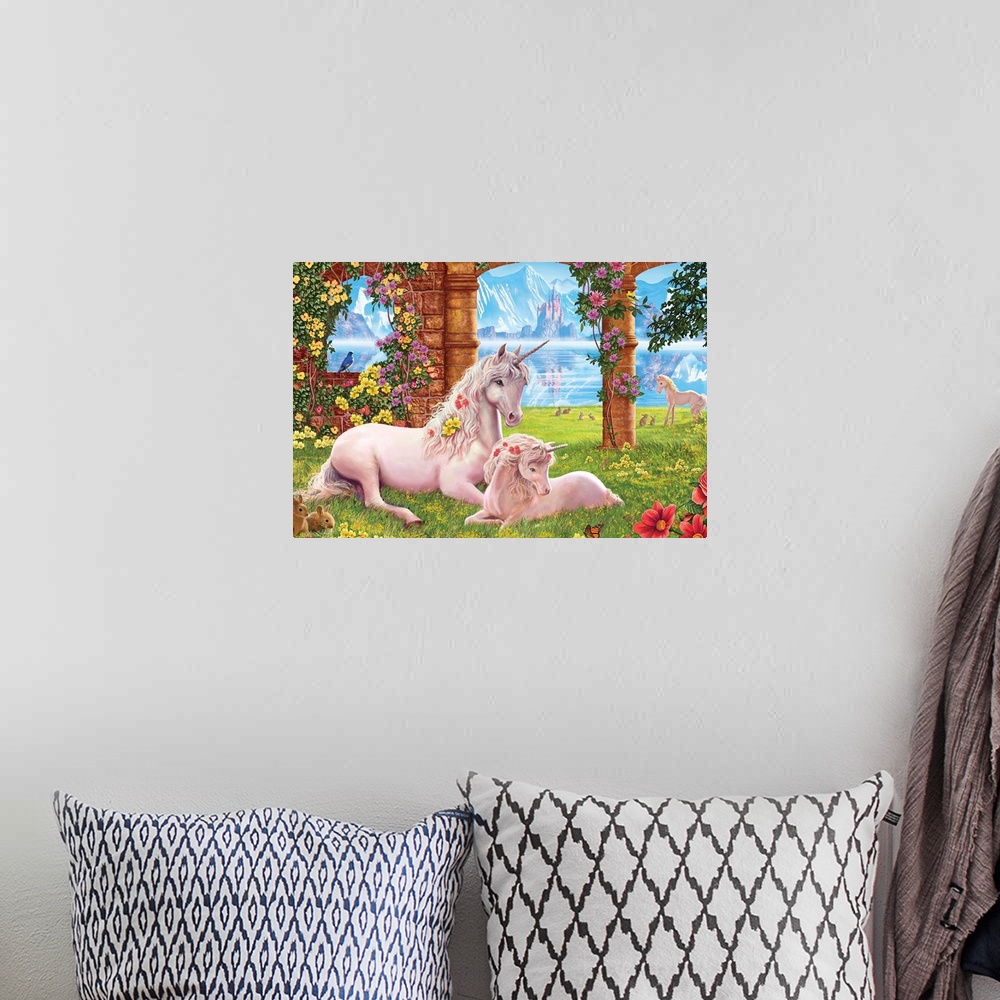 A bohemian room featuring Unicorn mother and foal lying down in an old fantasy garden with a lake and mountains.