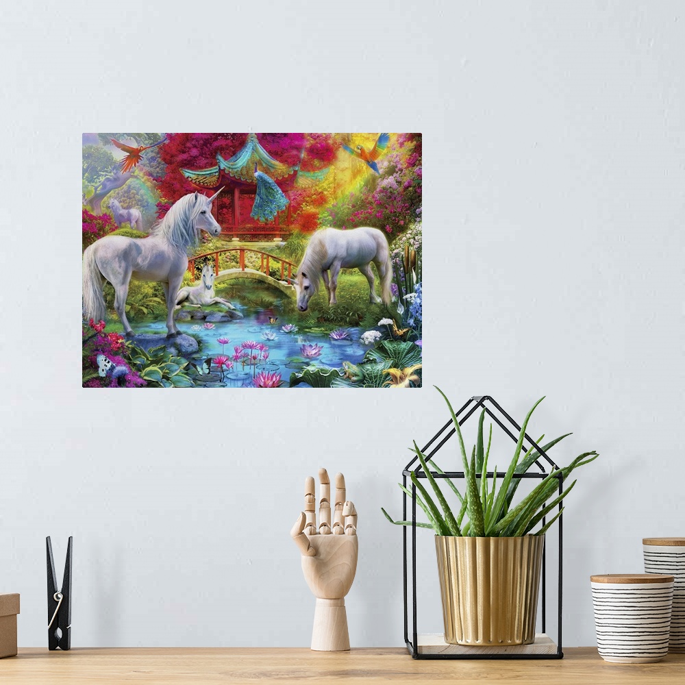 A bohemian room featuring Fantasy illustration of unicorns at a pond filled with lily pads and lotus flowers with a bridge ...