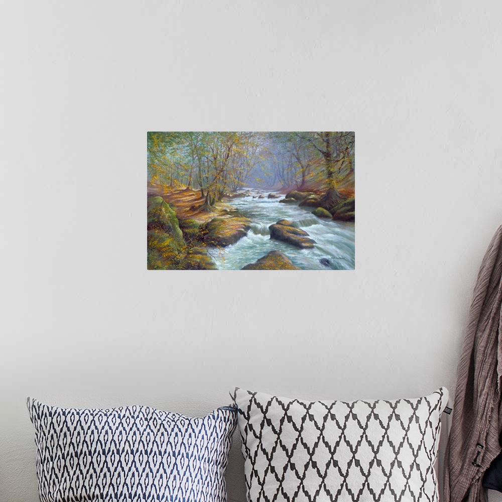 A bohemian room featuring Contemporary painting of a river moving quickly through a forest.