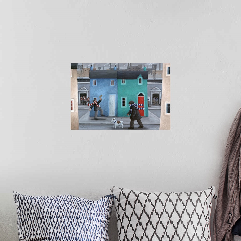 A bohemian room featuring Contemporary painting of people in scarfs and hats making a commotion in the streets of a dreary ...