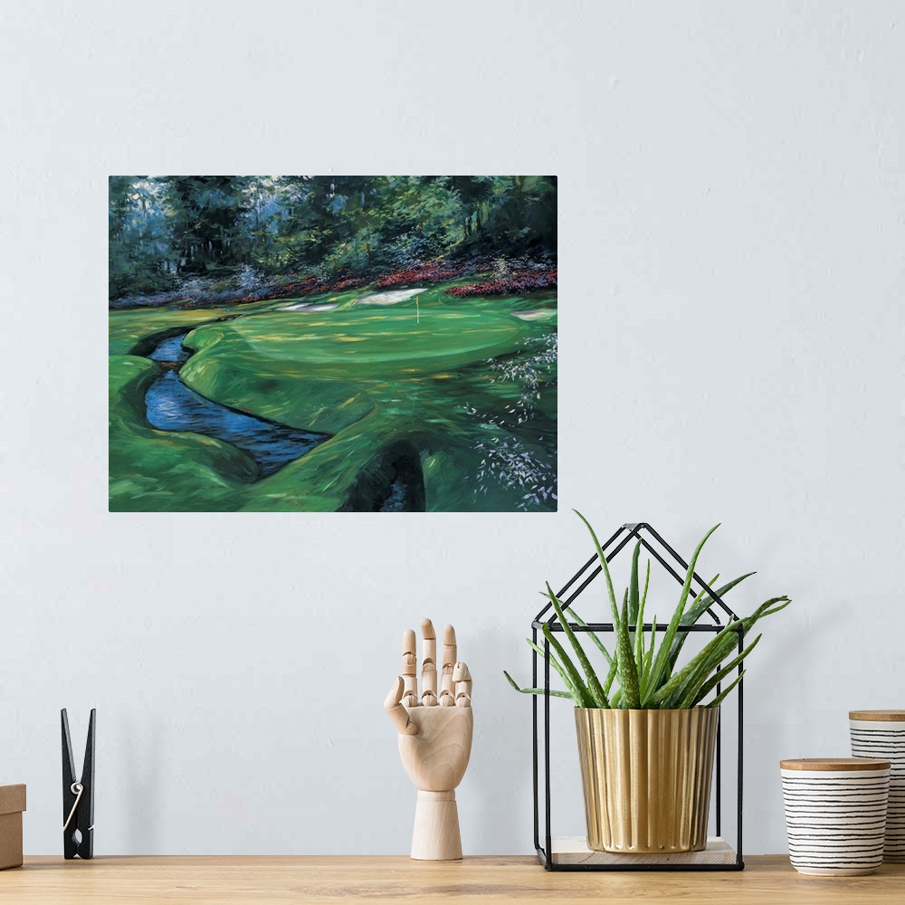 A bohemian room featuring A traditional style painting of the thirteenth green of Augusta National Golf Club in Georgia, ho...