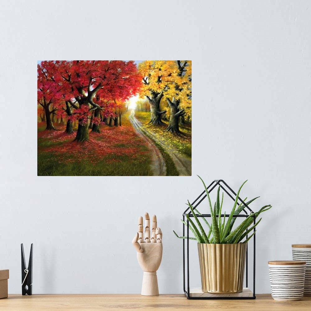 A bohemian room featuring Contemporary artwork of an autumn foliage landscape.