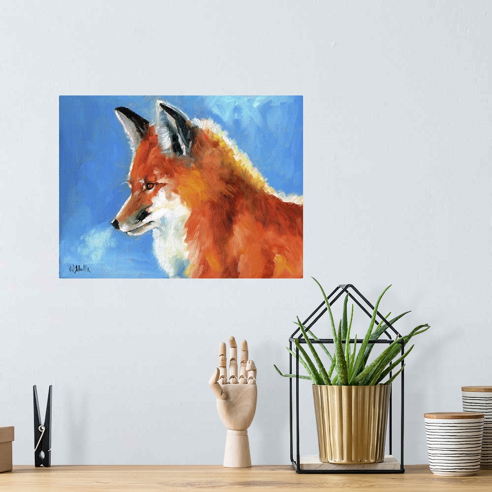 A bohemian room featuring Contemporary painting of a red fox in the winter.