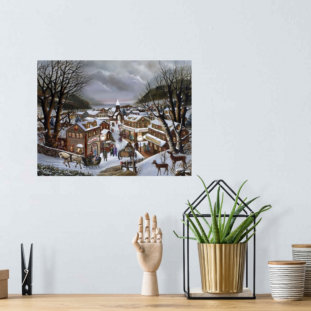 A bohemian room featuring Contemporary painting of a quaint village covered in snow at Christmastime.