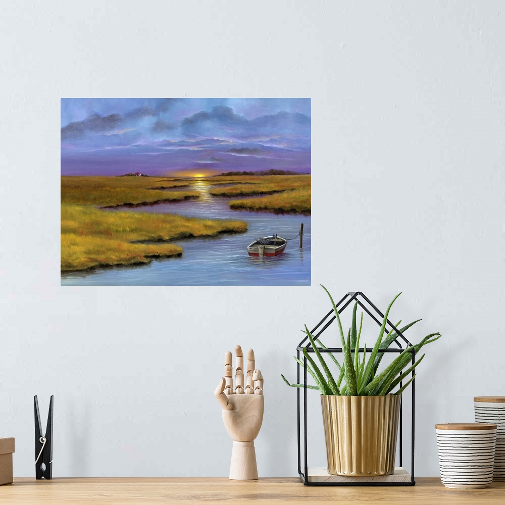 A bohemian room featuring Contemporary artwork of a marsh landscape under a purple sunset sky.