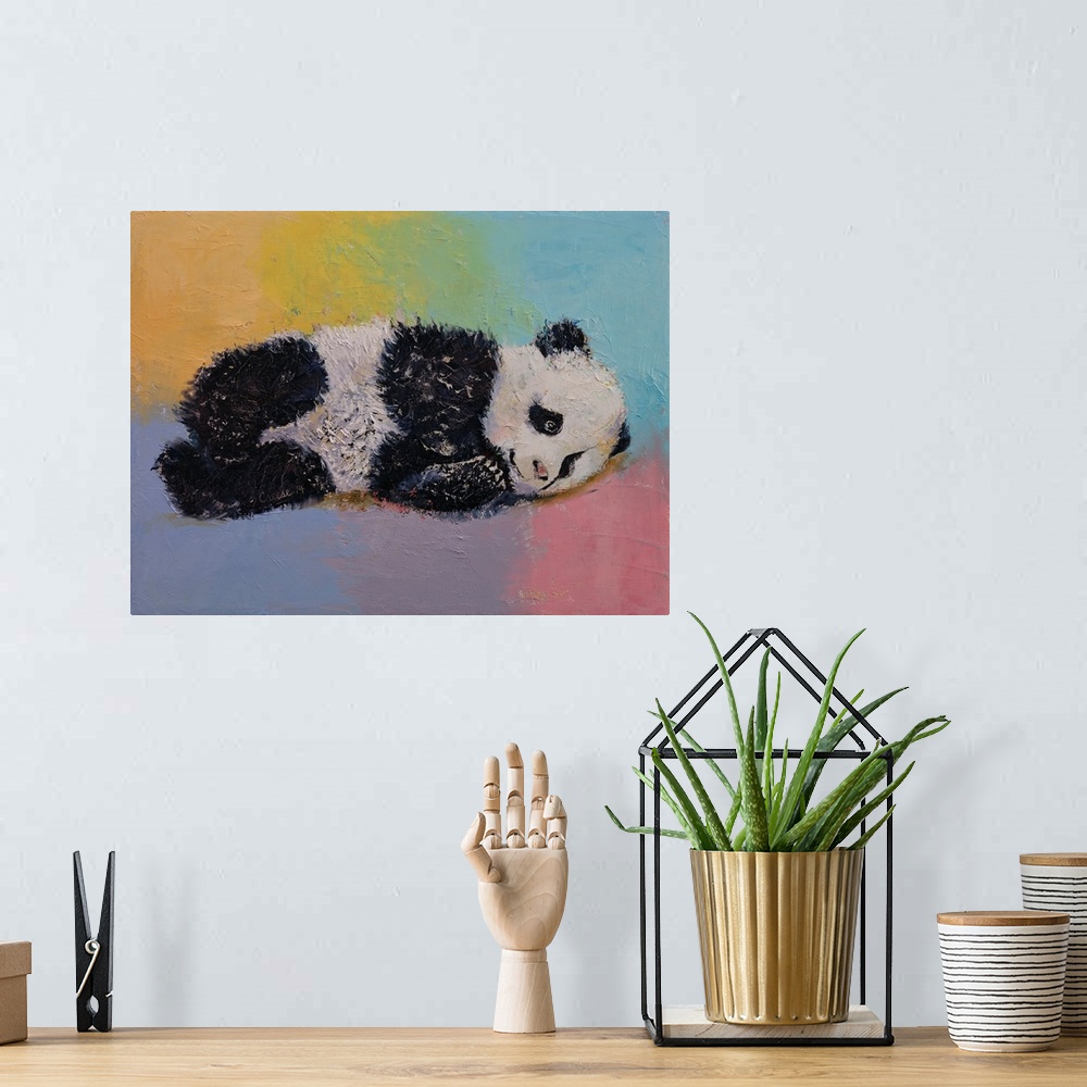 A bohemian room featuring A contemporary painting of a cute panda bear cub against a colorful background.
