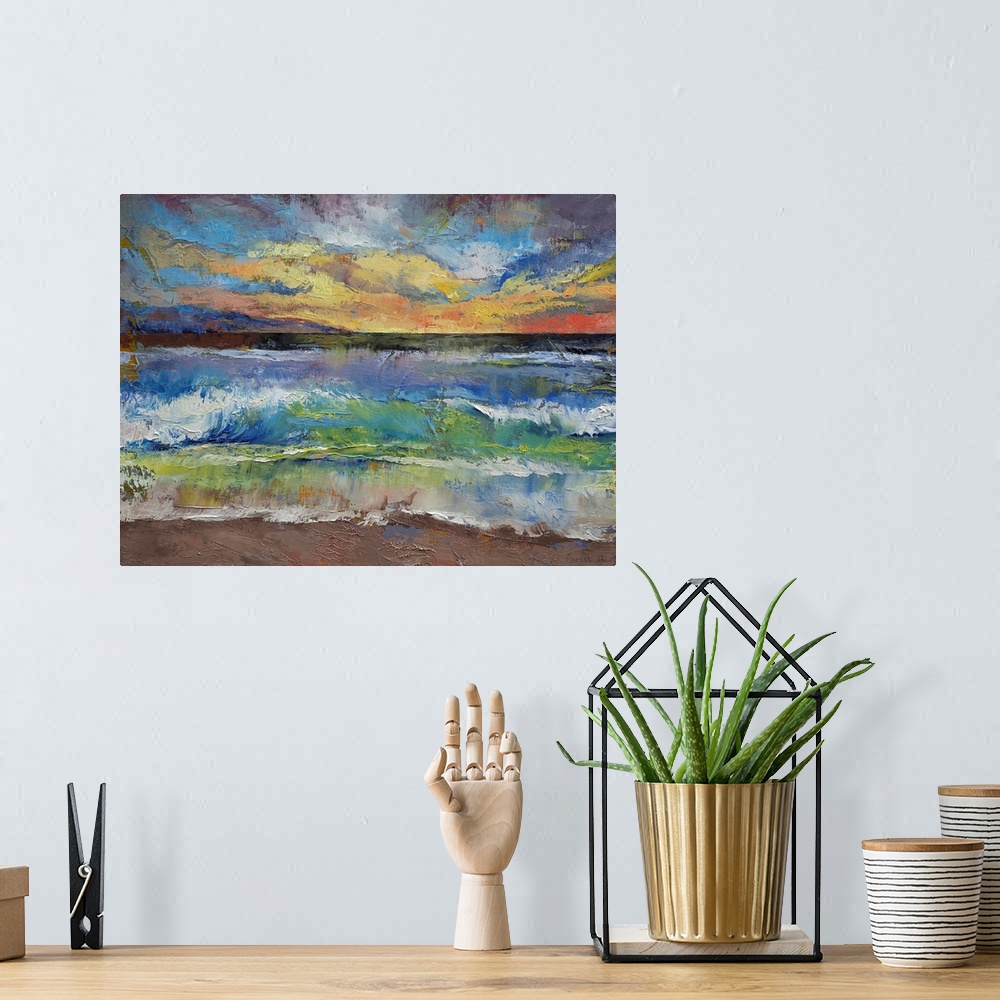 A bohemian room featuring A beautiful painting that uses all different colors to create a sunset over the ocean with waves ...