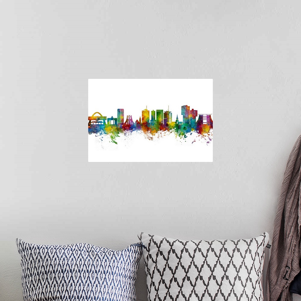A bohemian room featuring Watercolor art print of the skyline of Accra, Ghana