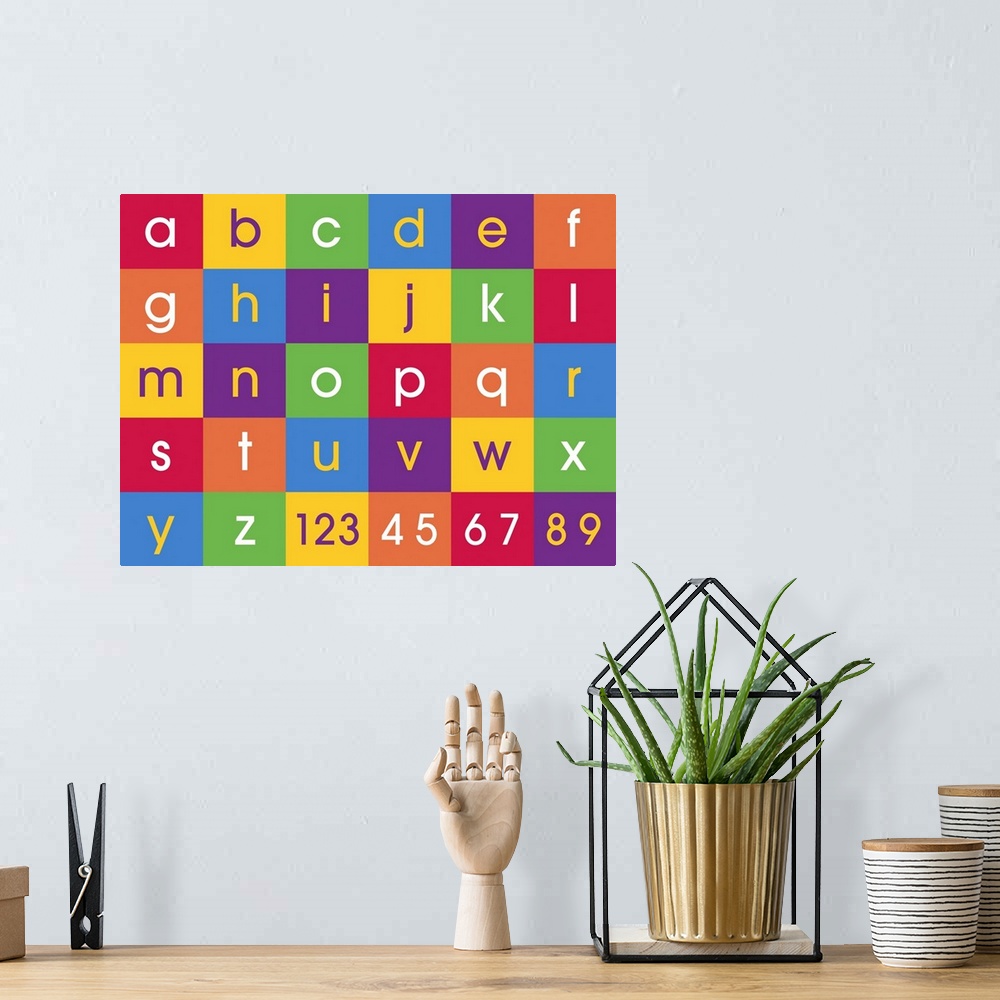 A bohemian room featuring Alphabet and numbers canvas print in bright fun colors. Contemporary design for kids and children...