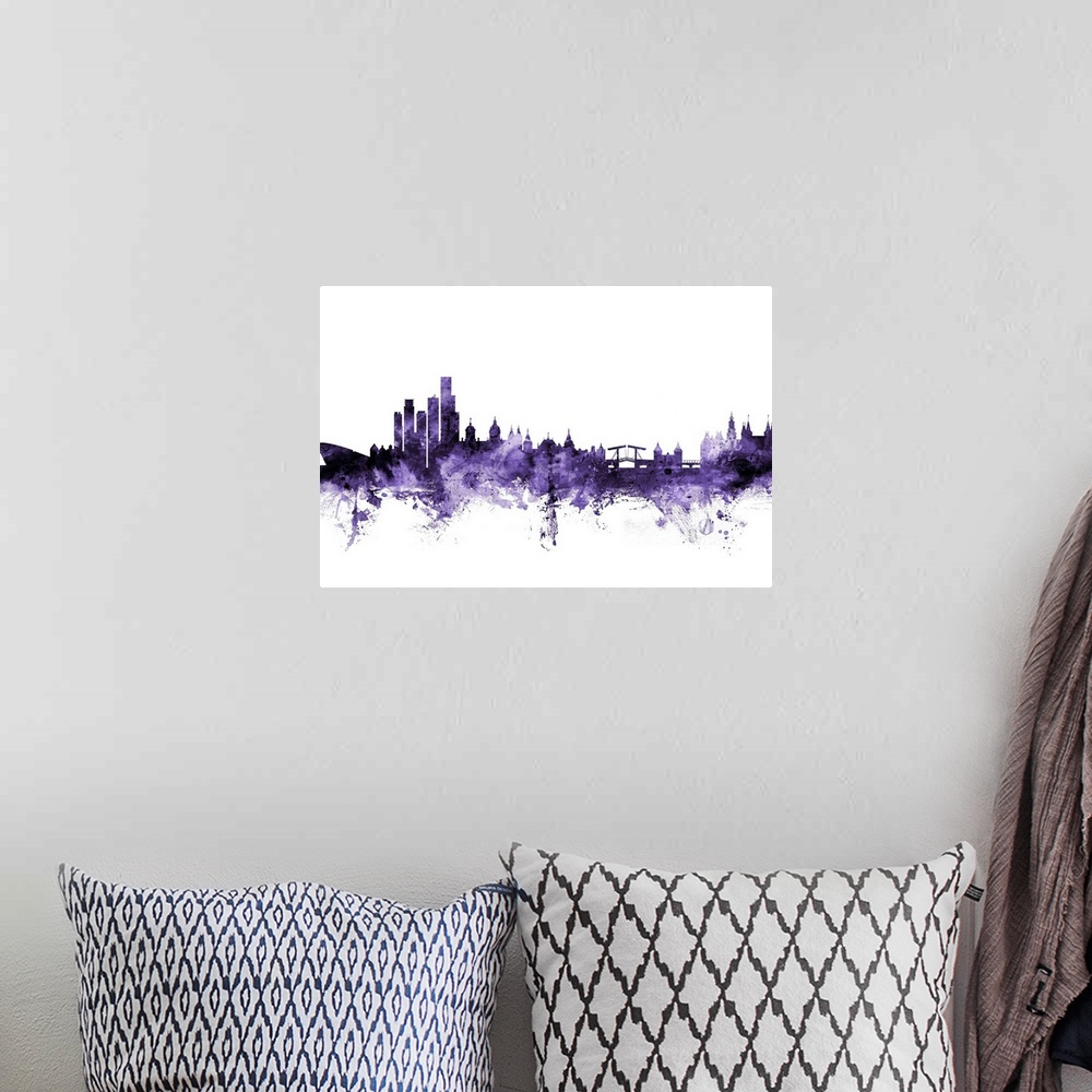 A bohemian room featuring Watercolor art print of the skyline of Amsterdam, The Netherlands