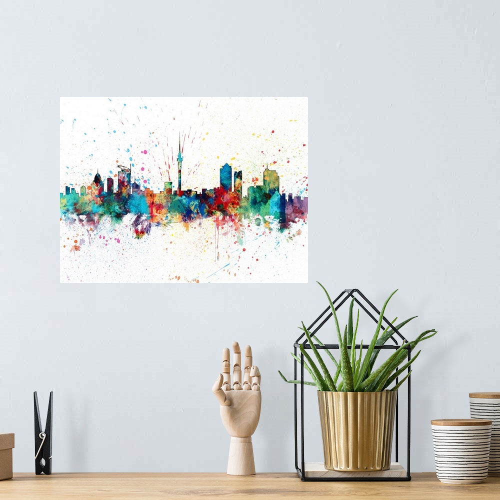 A bohemian room featuring paint splashes art print of the skyline of Auckland, New Zealand
