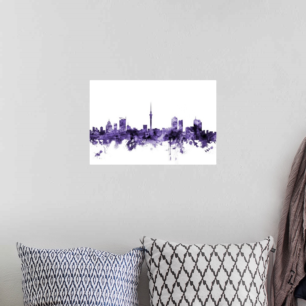 A bohemian room featuring Watercolor art print of the skyline of Auckland, New Zealand