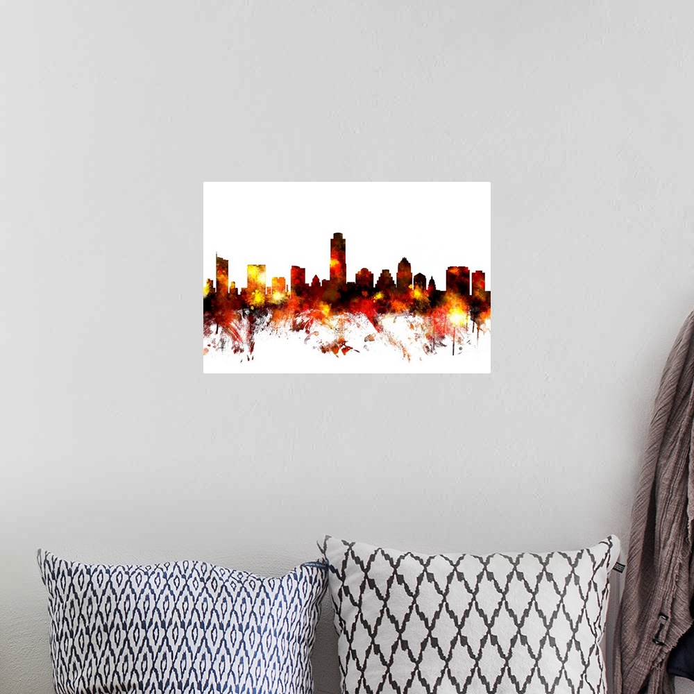 A bohemian room featuring Contemporary piece of artwork of the Austin skyline made of colorful paint splashes.