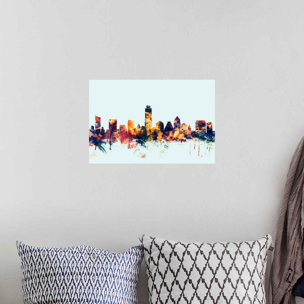 A bohemian room featuring Dark watercolor silhouette of the Austin city skyline against a light blue background.