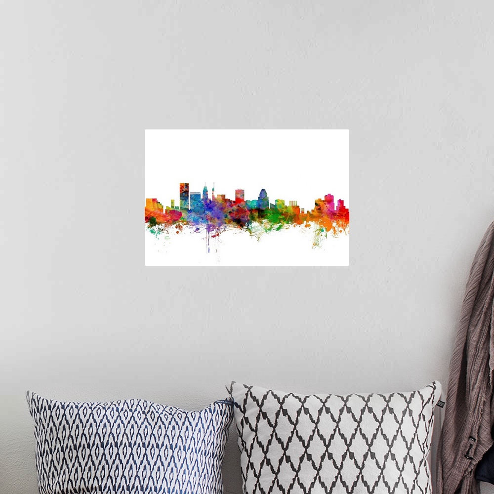A bohemian room featuring Watercolor artwork of the Baltimore skyline against a white background.