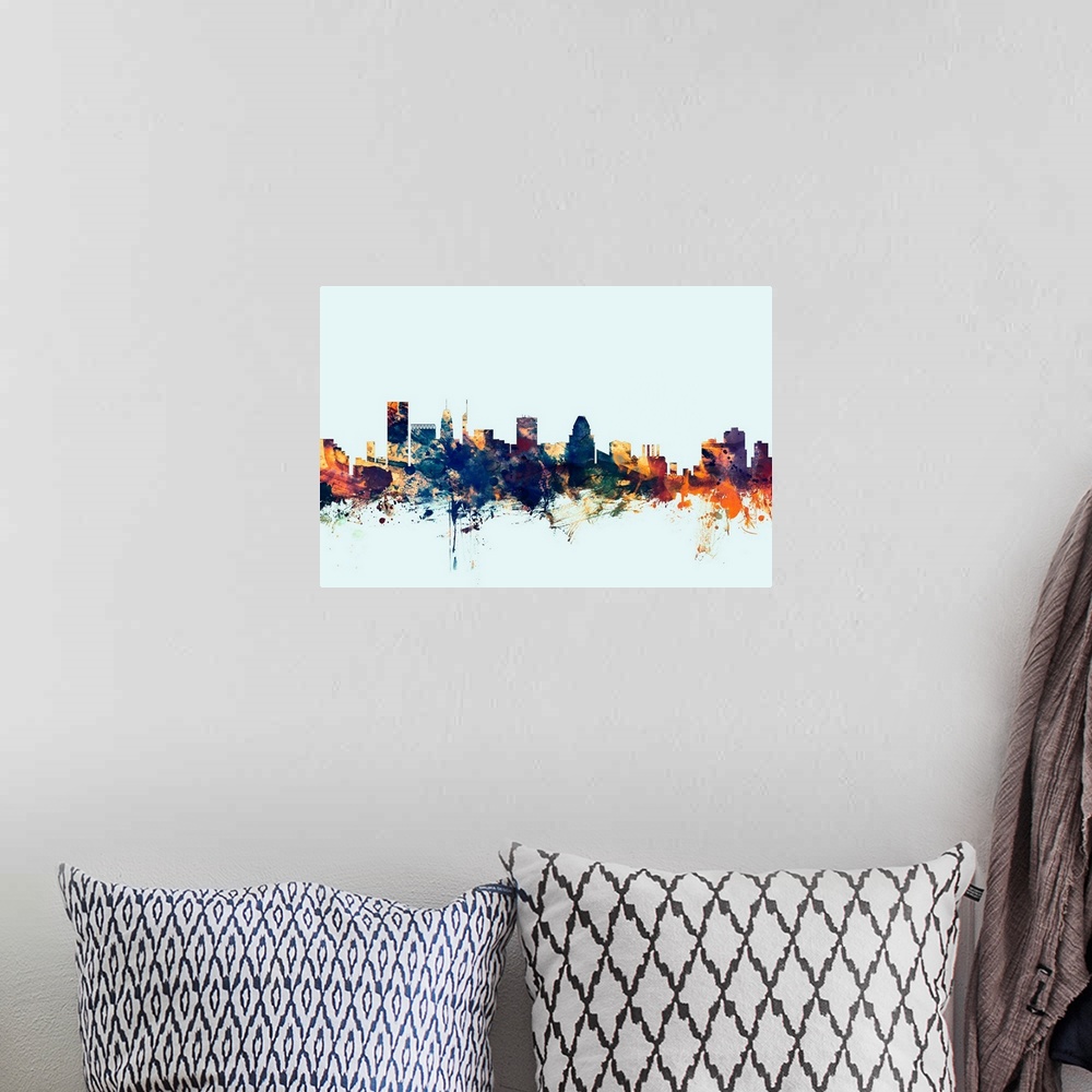 A bohemian room featuring Dark watercolor silhouette of the Baltimore city skyline against a light blue background.