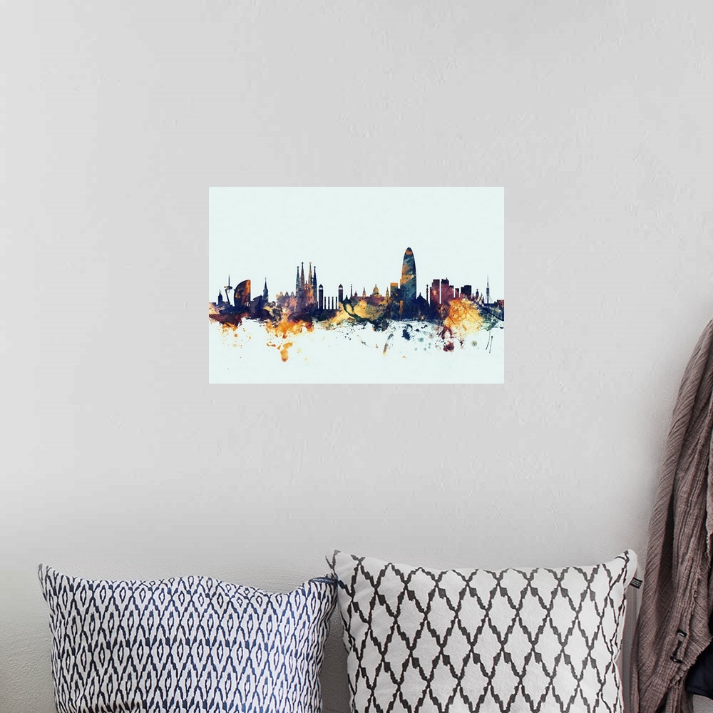 A bohemian room featuring Dark watercolor silhouette of the Barcelona city skyline against a light blue background.