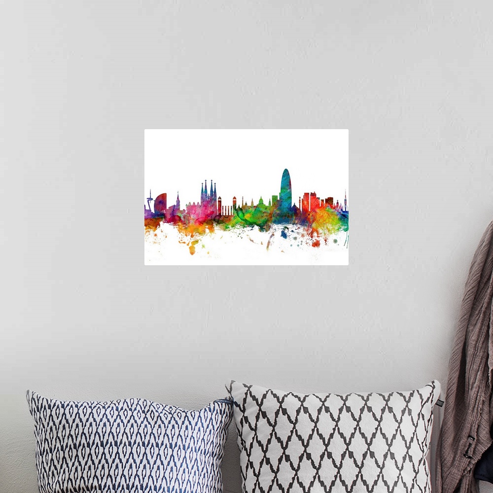 A bohemian room featuring Contemporary piece of artwork of the Barcelona skyline made of colorful paint splashes.