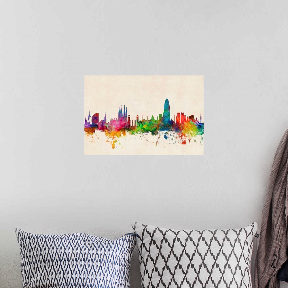 A bohemian room featuring Contemporary piece of artwork of the Barcelona skyline made of colorful paint splashes.