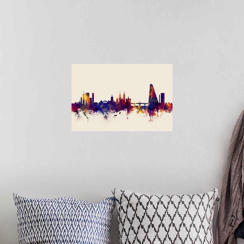 A bohemian room featuring Watercolor art print of the skyline of Basel, Switzerland