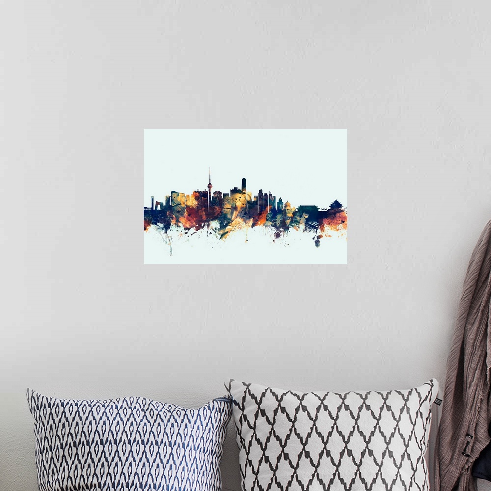 A bohemian room featuring Watercolor art print of the skyline of Beijing, China