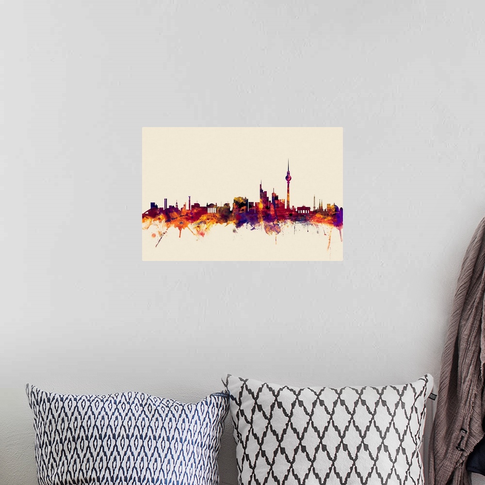 A bohemian room featuring Watercolor artwork of the Berlin skyline against a beige background.