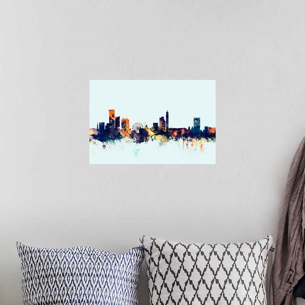 A bohemian room featuring Dark watercolor silhouette of the Birmingham city skyline against a light blue background.