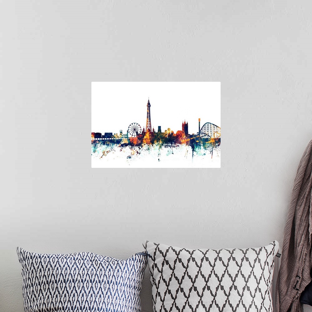 A bohemian room featuring Dark watercolor silhouette of the Blackpool city skyline against a light blue background.