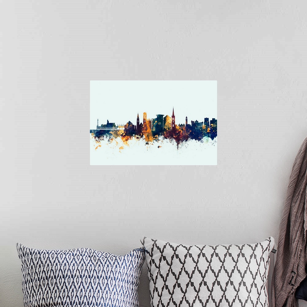 A bohemian room featuring Watercolor art print of the skyline of Bournemouth, England, United Kingdom