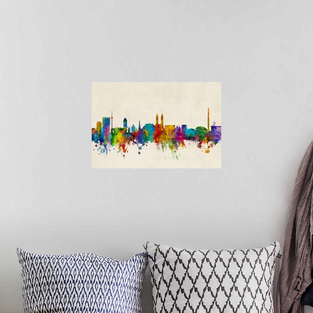 A bohemian room featuring Watercolor art print of the skyline of Bremen, Germany