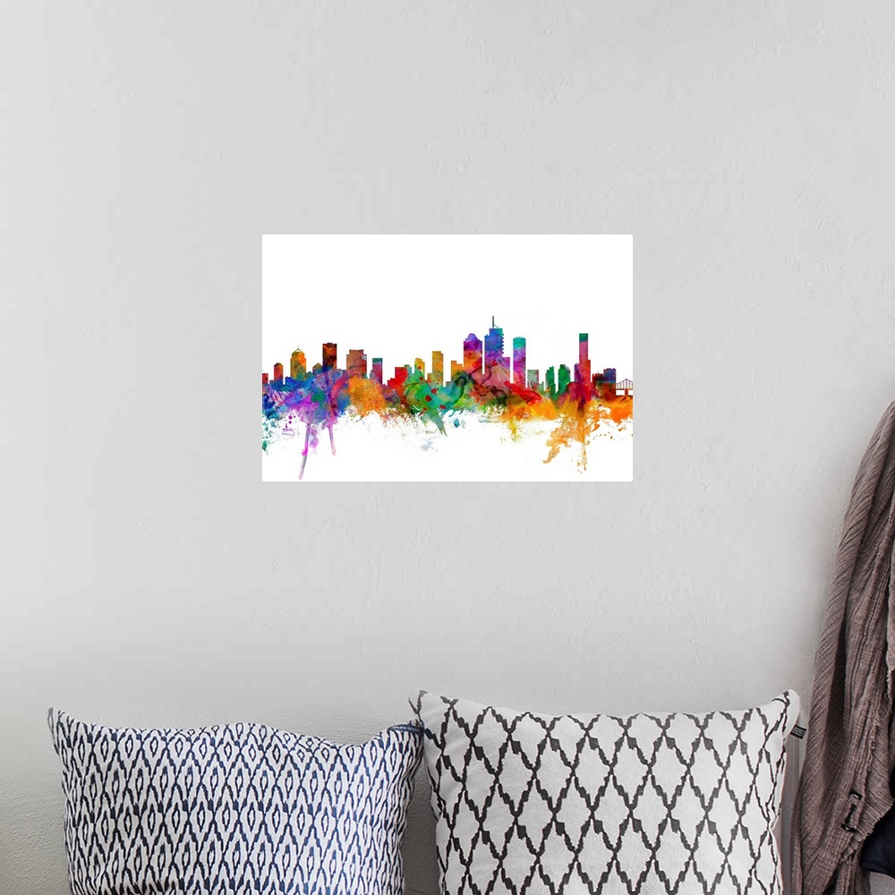 A bohemian room featuring Watercolor artwork of the Brisbane skyline against a white background.