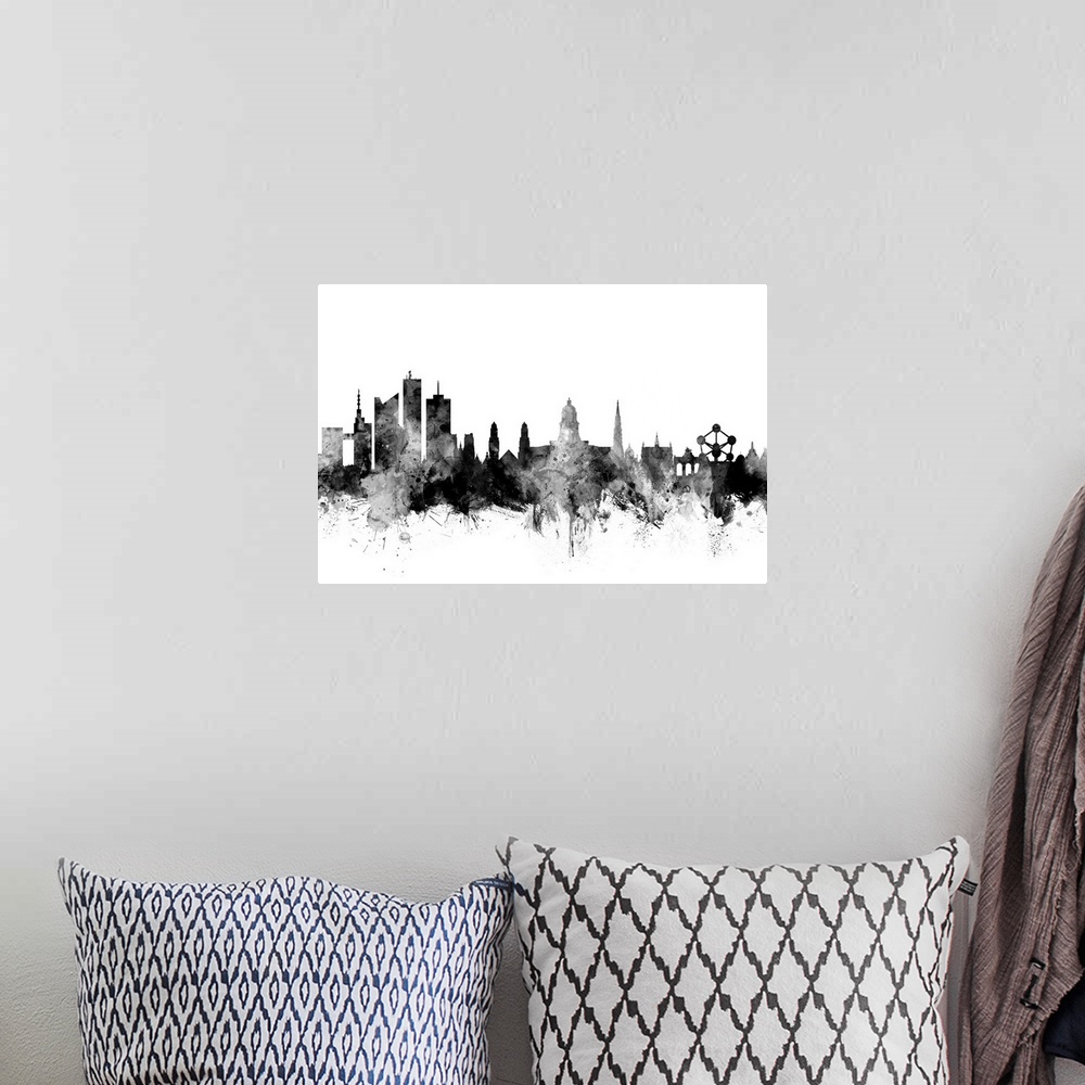 A bohemian room featuring Watercolor art print of the skyline of Brussels, Belgium