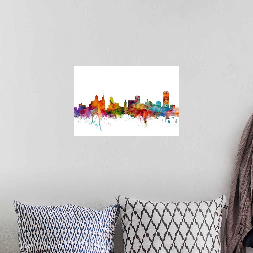 A bohemian room featuring Watercolor artwork of the Buffalo skyline against a white background.