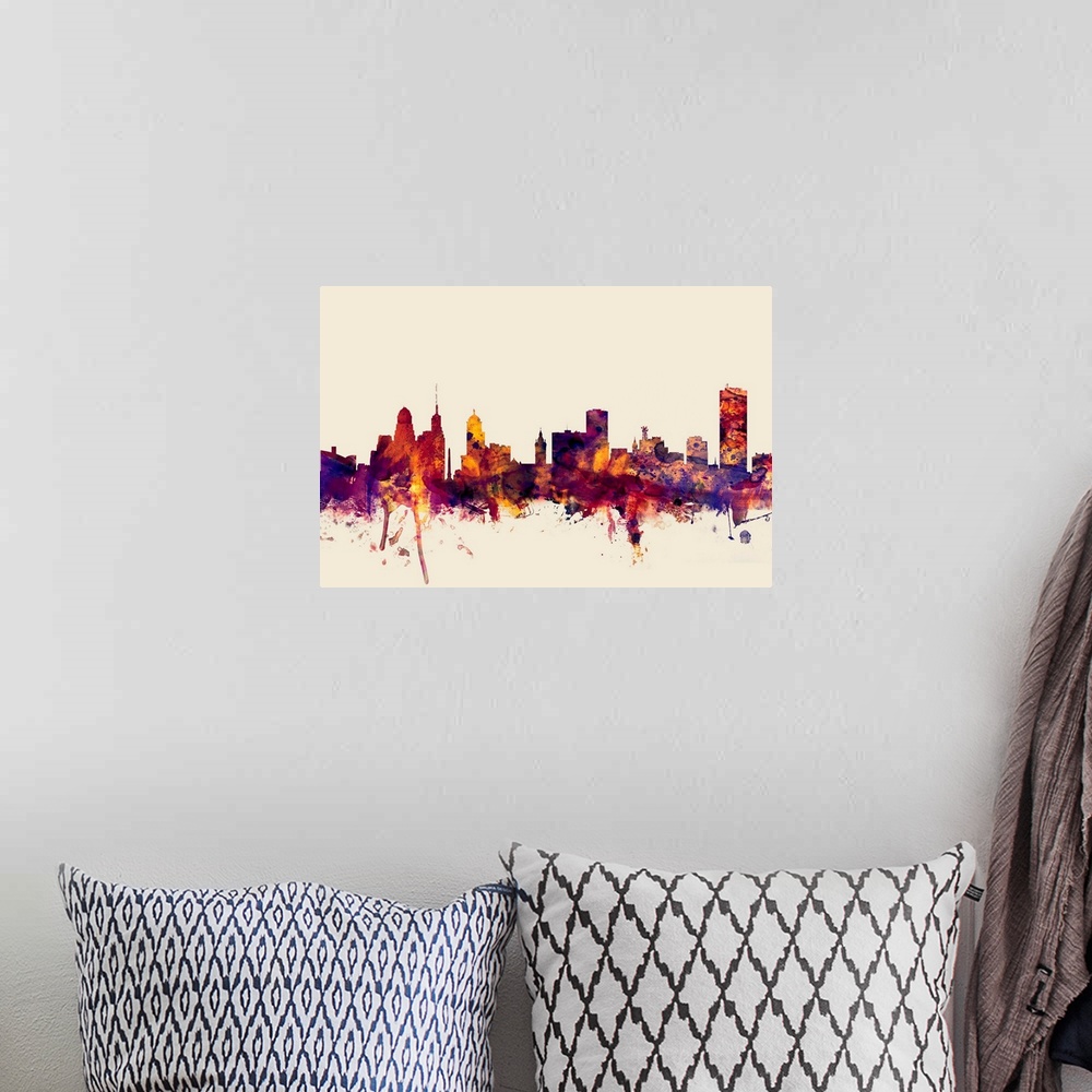 A bohemian room featuring Contemporary artwork of the Buffalo city skyline in watercolor paint splashes.