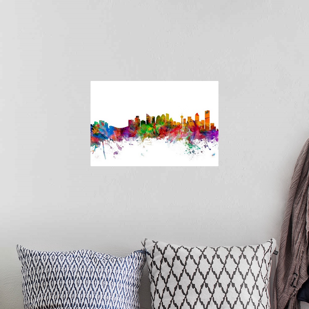 A bohemian room featuring Watercolor artwork of the Calgary skyline against a white background.