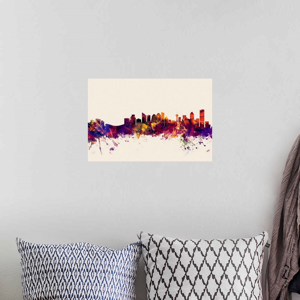 A bohemian room featuring Contemporary artwork of the Calgary city skyline in watercolor paint splashes.