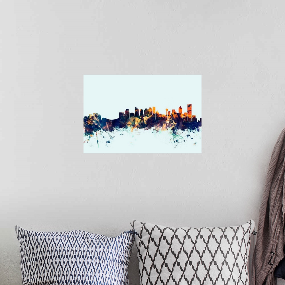A bohemian room featuring Dark watercolor silhouette of the Calgary city skyline against a light blue background.