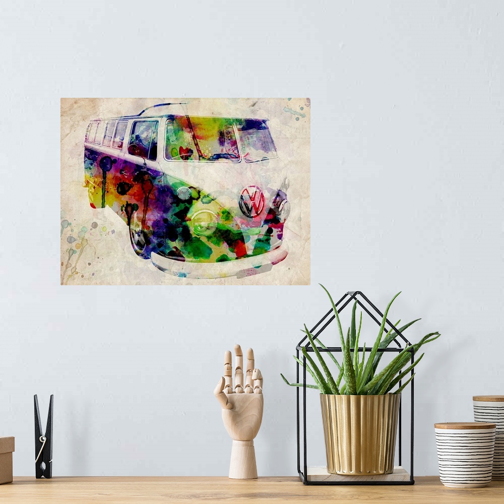 A bohemian room featuring Watercolor and digital composite of a VW camper van on a neutral background with splashes and dri...
