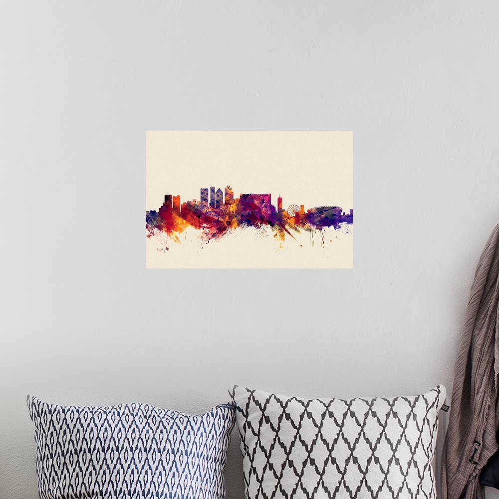 A bohemian room featuring Dark watercolor splattered silhouette of the Cape Town city skyline.